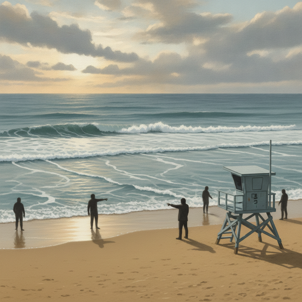 Lifeguards on a beach pointing towards the ocean with waves, warning about rip cur — rip current statement escambia county