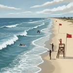 Lifeguards monitor dangerous rip currents at a beach with red flags, warning swimmers to b — corrientes de resaca escambia