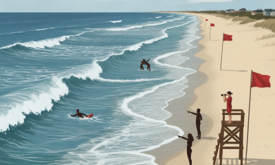 Lifeguards monitor dangerous rip currents at a beach with red flags, warning swimmers to b — corrientes de resaca escambia