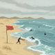 A red warning flag stands on the beach as swimmers face rough surf during a rip current statement.