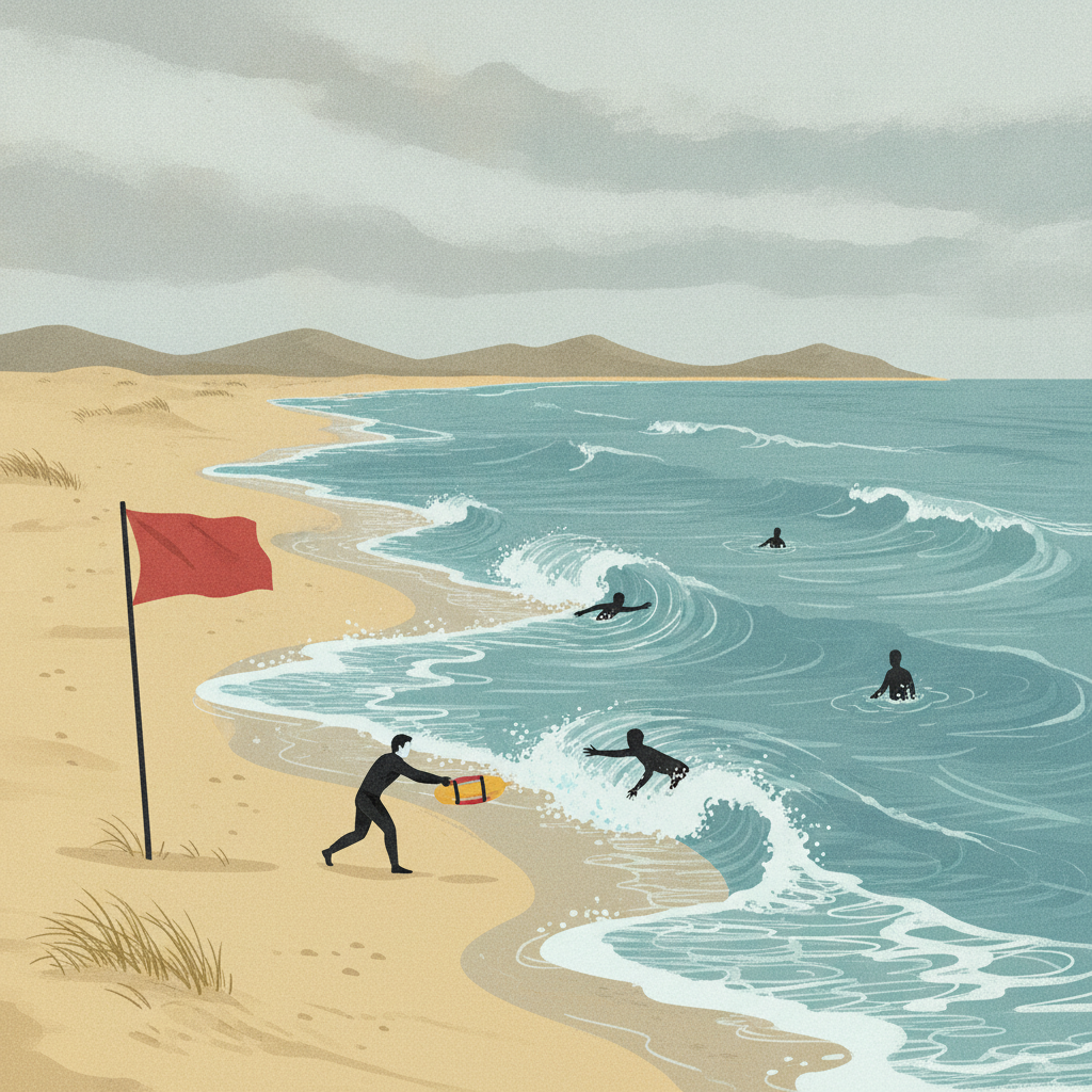 A red warning flag stands on the beach as swimmers face rough surf during a rip current statement.