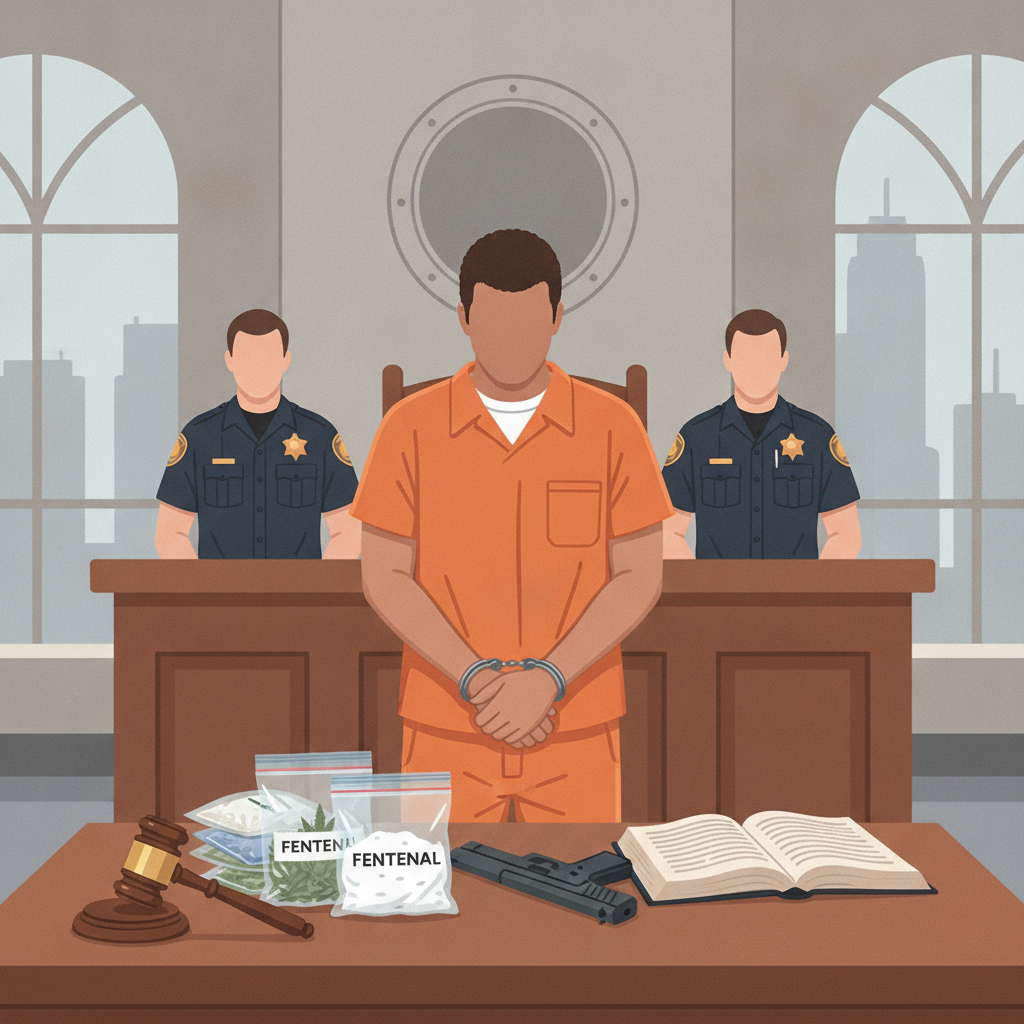 Courtroom gavel and handcuffs symbolizing a Panama City Beach drug trafficking sentencing and firearm conviction.