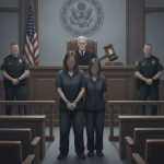 Two individuals in prison attire stand in a courtroom, flanked by police officers, with a judge — Timeka Griffin sentence