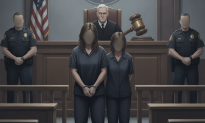 Two individuals in prison attire stand in a courtroom, flanked by police officers, with a judge — Timeka Griffin sentence