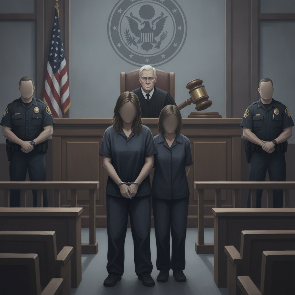 Two individuals in prison attire stand in a courtroom, flanked by police officers, with a judge — Timeka Griffin sentence