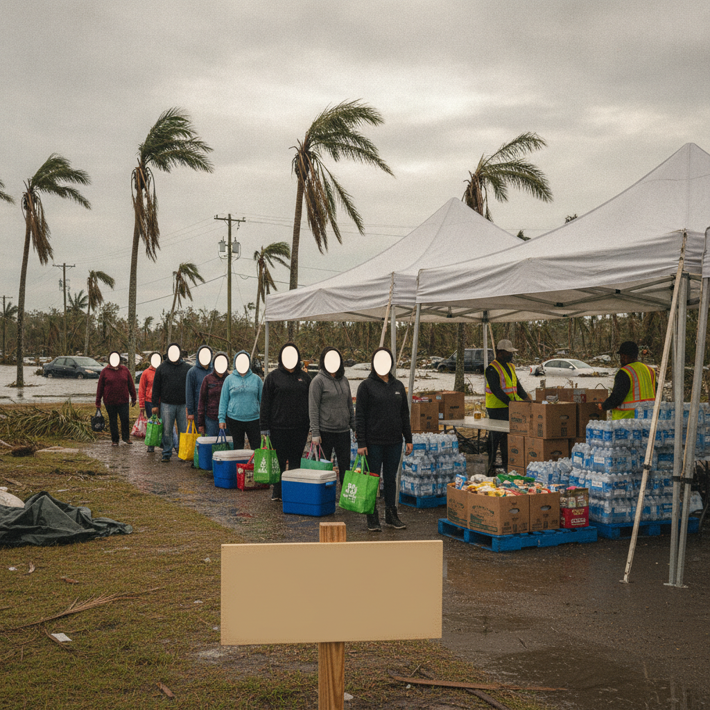 Residents lined up at Escambia County feeding sites for food assistance after Hurricane Isaias, with palm trees swaying in…