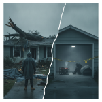 A person in a raincoat stands outside a damaged home with a fallen tree, while a — Escambia County Hurricane Isaias Deaths