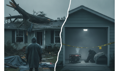A person in a raincoat stands outside a damaged home with a fallen tree, while a — Escambia County Hurricane Isaias Deaths