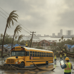 A yellow school bus surrounded by storm debris and workers clearing fallen trees in a fl — Escambia County School Closures