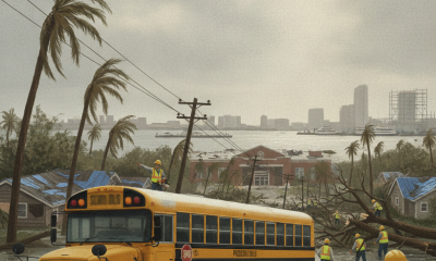 A yellow school bus surrounded by storm debris and workers clearing fallen trees in a fl — Escambia County School Closures