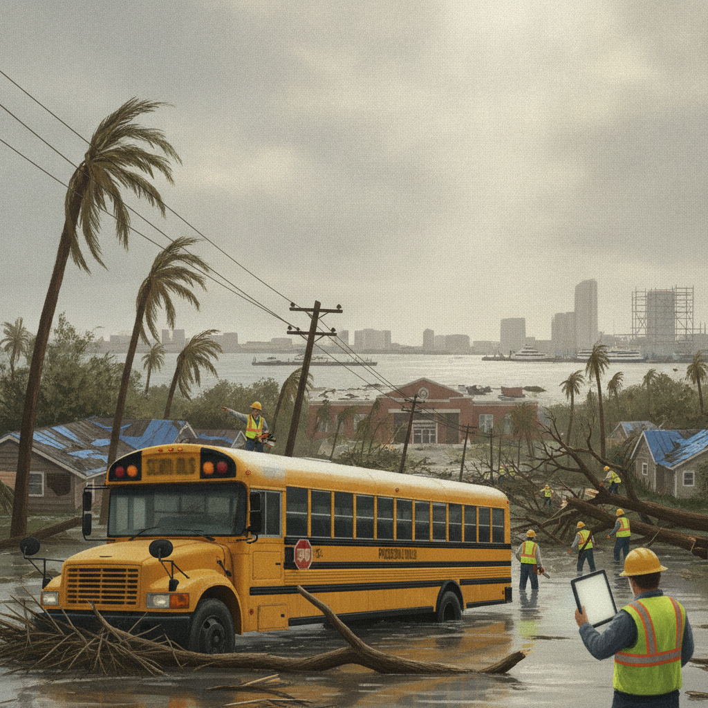 A yellow school bus surrounded by storm debris and workers clearing fallen trees in a fl — Escambia County School Closures