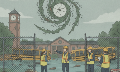 Workers assess damage at a school with flooded grounds and overturned school buses, de — Escambia County Schools reopening