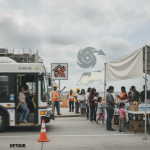 A bus navigating a detour near a food distribution site with volunteers and famil — Escambia County Storm Recovery Updates