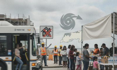 A bus navigating a detour near a food distribution site with volunteers and famil — Escambia County Storm Recovery Updates