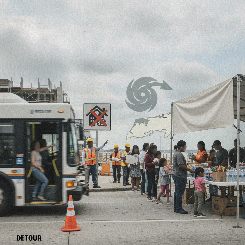 A bus navigating a detour near a food distribution site with volunteers and famil — Escambia County Storm Recovery Updates