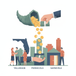 Illustration depicting hands pouring coins into a cityscape representing Pensacola — Pensacola domestic violence resources
