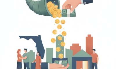 Illustration depicting hands pouring coins into a cityscape representing Pensacola — Pensacola domestic violence resources