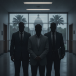 Three silhouetted men in suits stand in a government building hallway; Trent James Smith Marianna Florida is named in the…