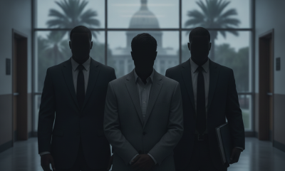 Three silhouetted men in suits stand in a government building hallway; Trent James Smith Marianna Florida is named in the…