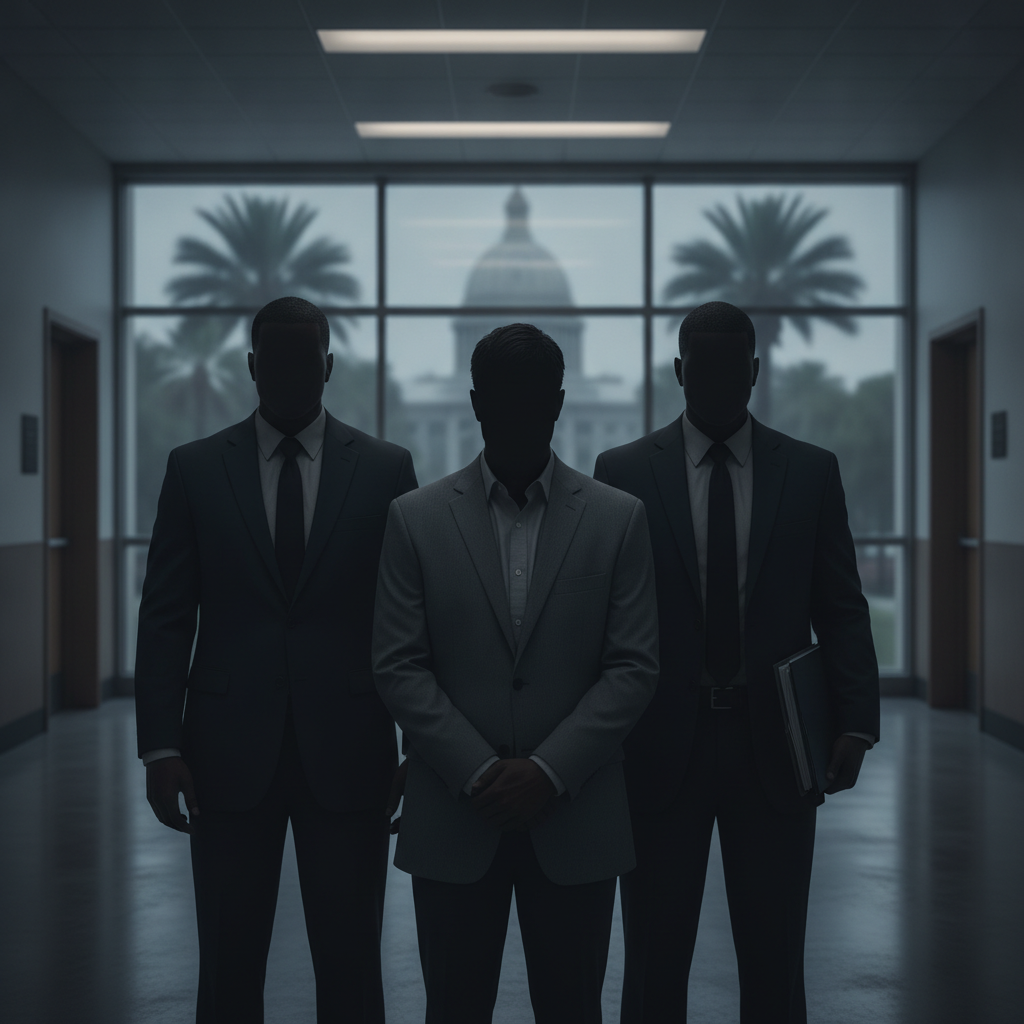 Three silhouetted men in suits stand in a government building hallway; Trent James Smith Marianna Florida is named in the…