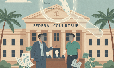 Illustration of two men outside a federal courthouse with documents, cash, and a Desti — Destin insurance fraud indictment