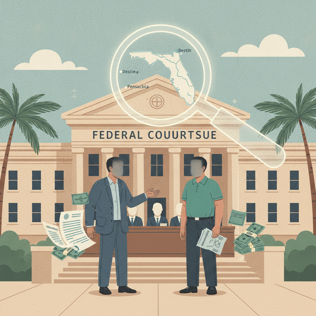 Illustration of two men outside a federal courthouse with documents, cash, and a Desti — Destin insurance fraud indictment