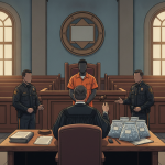 A courtroom scene with a judge, a defendant in an orange jumpsuit, and two officers, highlig — Panama City meth sentencing