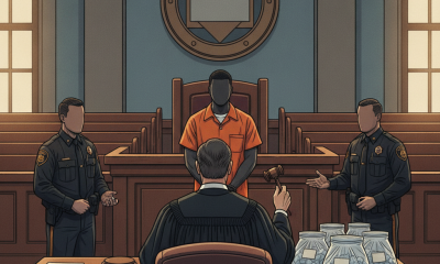A courtroom scene with a judge, a defendant in an orange jumpsuit, and two officers, highlig — Panama City meth sentencing