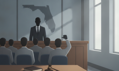 William Jared Breski conviction: courtroom illustration with a judge, seated jury, and a raised hand