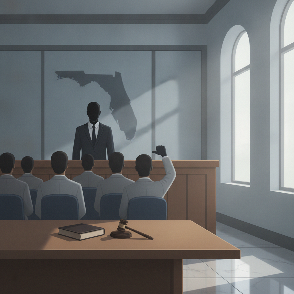 William Jared Breski conviction: courtroom illustration with a judge, seated jury, and a raised hand