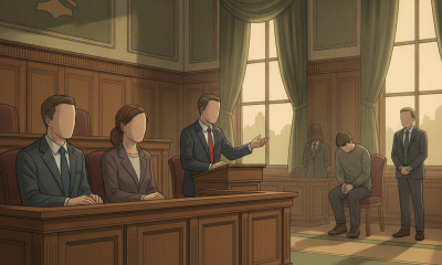 A courtroom scene depicting a trial with lawyers presenting a case, a judge's bench — Tallahassee Felon Firearm Conviction