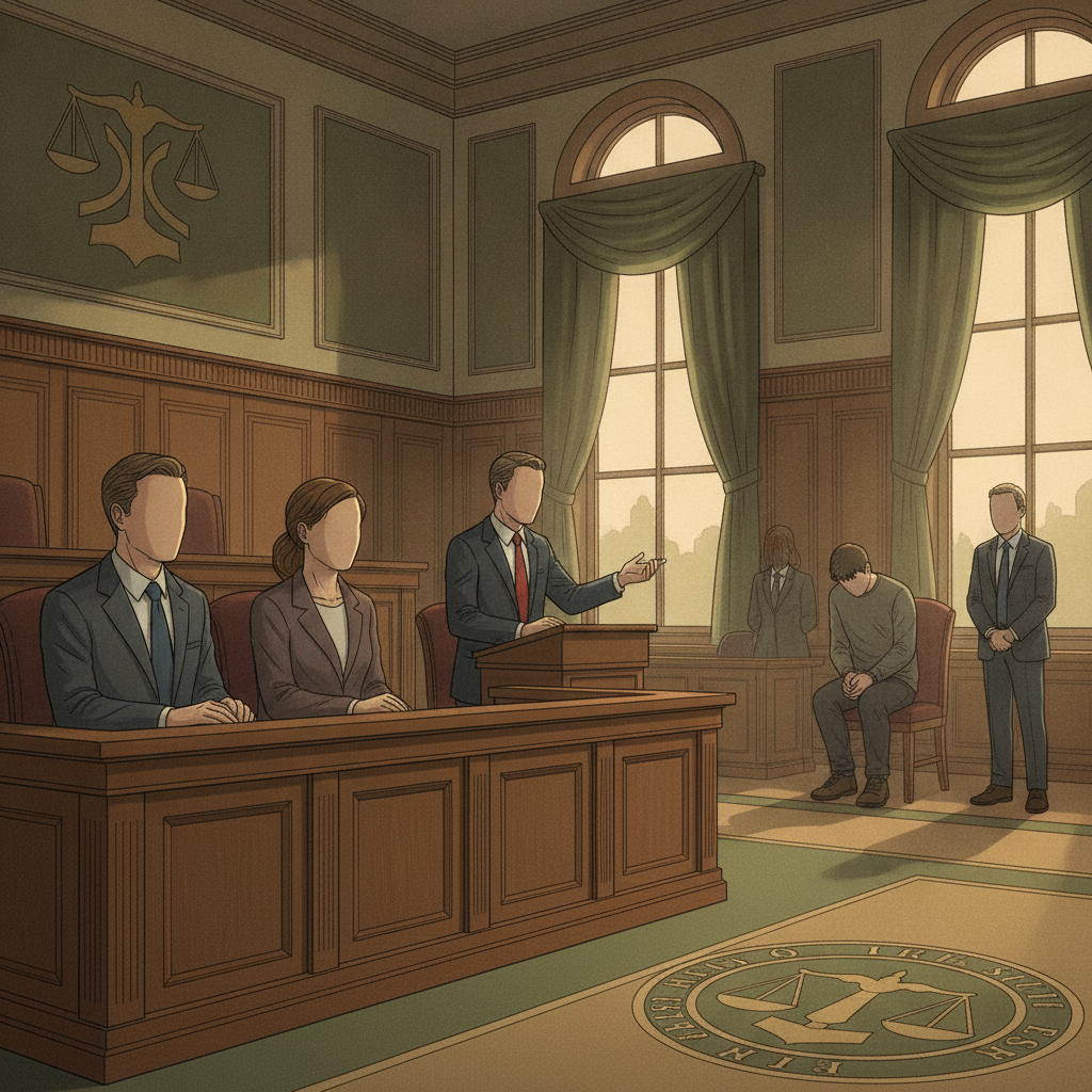 A courtroom scene depicting a trial with lawyers presenting a case, a judge's bench — Tallahassee Felon Firearm Conviction