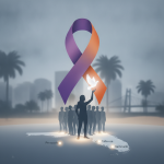 Silhouette of a person holding a dove with a large purple and orange ribbon — Domestic Violence Awareness Month Pensacola