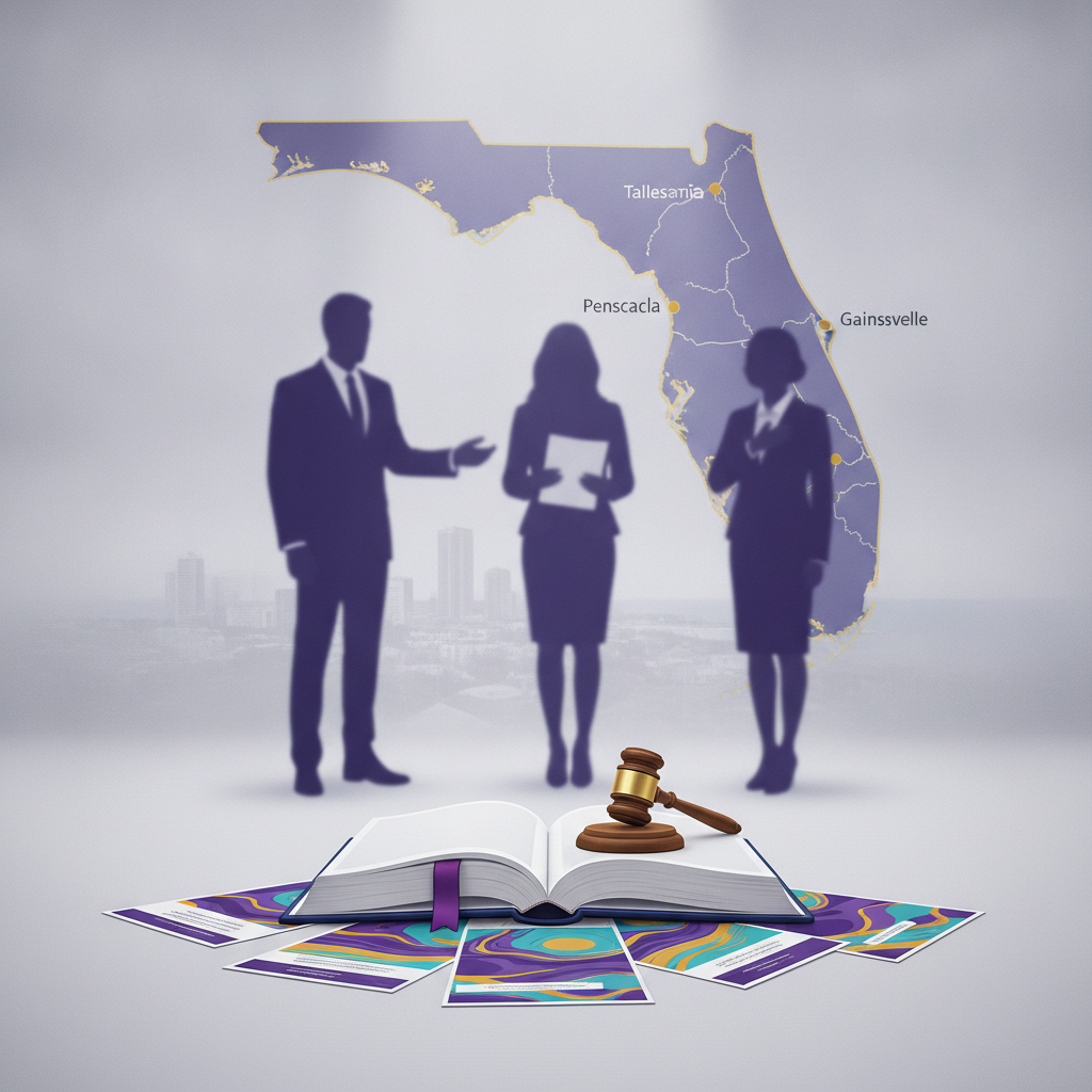 Silhouettes of three professionals discussing over an open book and gavel, with a ma — pensacola domestic violence support