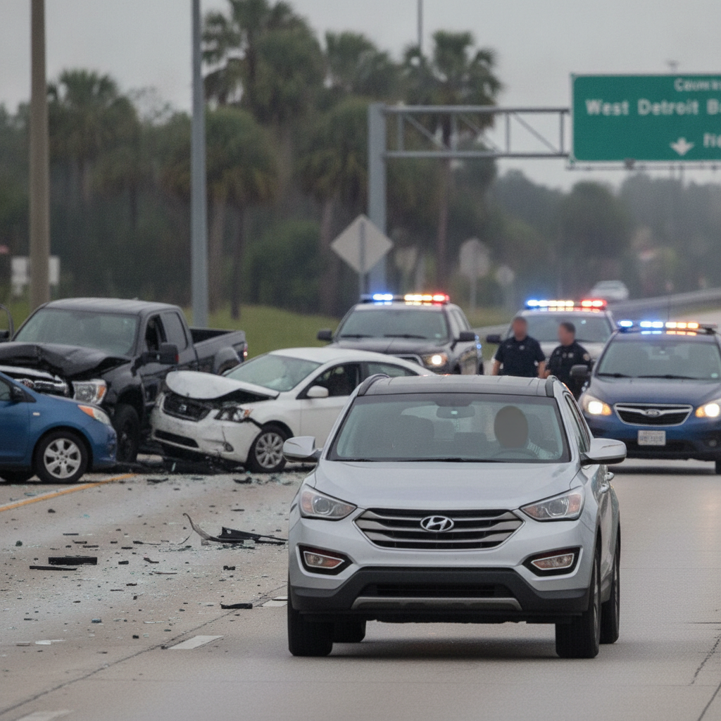 A silver Hyundai Santa Fe drives past a multi-vehicle collision on Highway 29 in — Highway 29 Hit and Run Escambia County