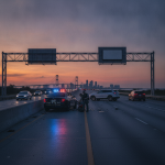 FHP Trooper Injured SR 429 Crash scene with a patrol car, damaged vehicles, and responders on a highway at dusk.