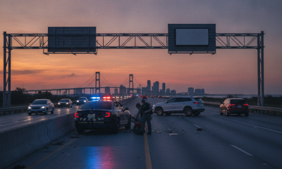 FHP Trooper Injured SR 429 Crash scene with a patrol car, damaged vehicles, and responders on a highway at dusk.