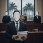 Courtroom scene with faceless figures in suits, a judge's bench, and a Florida state seal, suggest — Jeremy Jovan Randolph