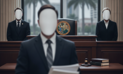 Courtroom scene with faceless figures in suits, a judge's bench, and a Florida state seal, suggest — Jeremy Jovan Randolph
