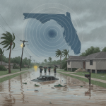A flooded street in Escambia County with a submerged car and people walking with umb — Escambia County flash flood warning