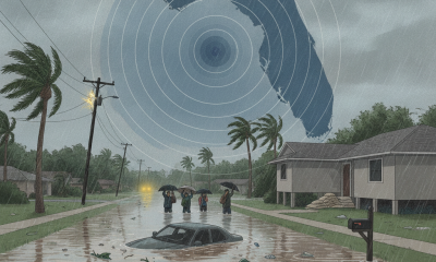 A flooded street in Escambia County with a submerged car and people walking with umb — Escambia County flash flood warning