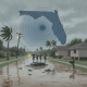 A flooded street in Escambia County with a submerged car and people walking with umb — Escambia County flash flood warning