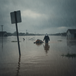 A person wades through floodwaters in a heavily inundated area, with houses partially submer — Escambia County flood watch