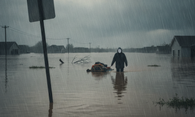 A person wades through floodwaters in a heavily inundated area, with houses partially submer — Escambia County flood watch