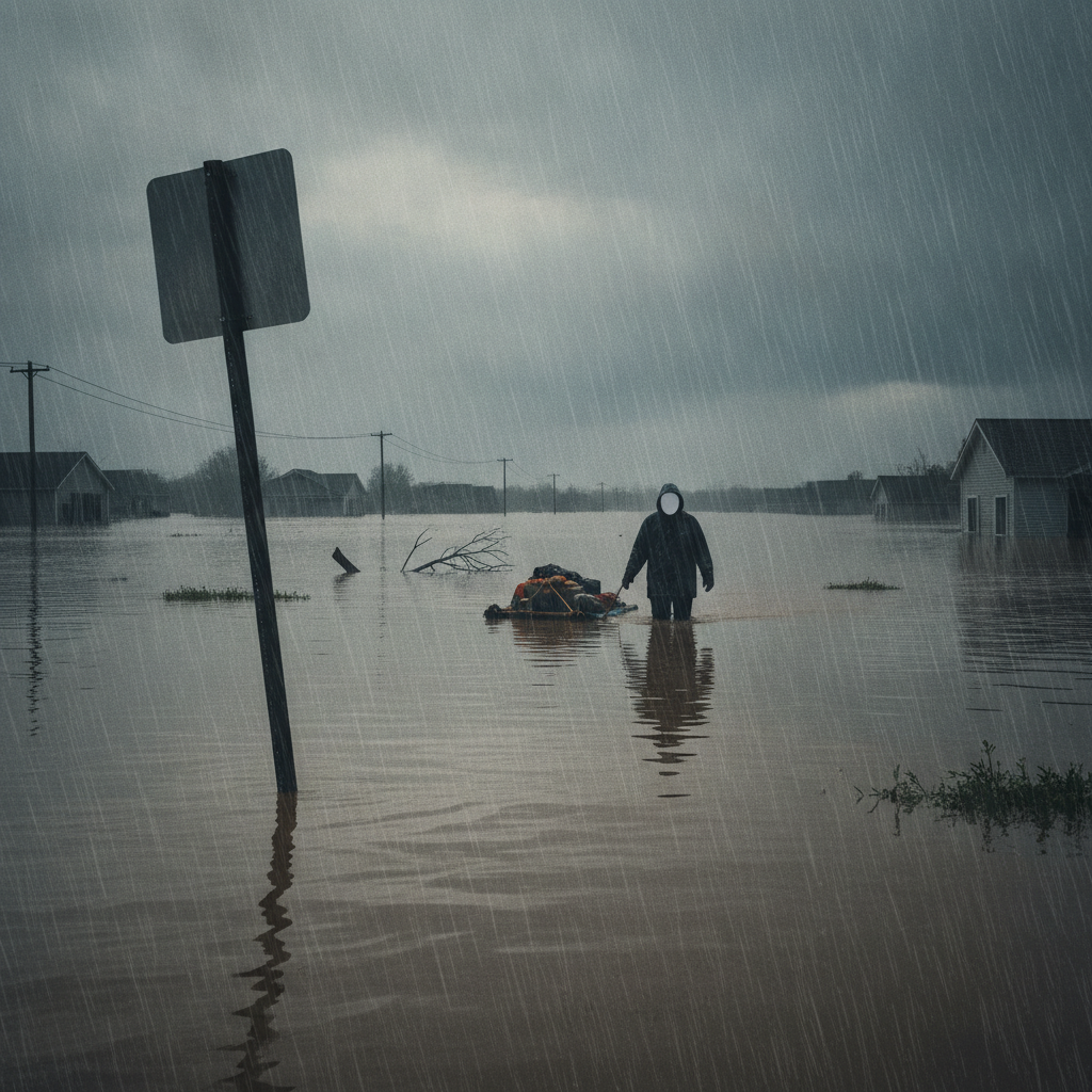 A person wades through floodwaters in a heavily inundated area, with houses partially submer — Escambia County flood watch