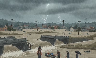 People wading through floodwaters during a storm, with lightning and heavy rain in the bac — flood watch northwest florida
