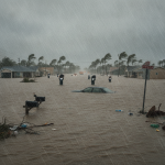 Severe flooding in a residential area with submerged cars and debris, heavy rain and strong winds — Pensacola flood watch
