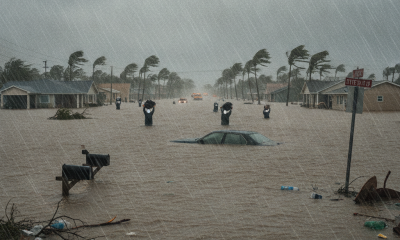 Severe flooding in a residential area with submerged cars and debris, heavy rain and strong winds — Pensacola flood watch