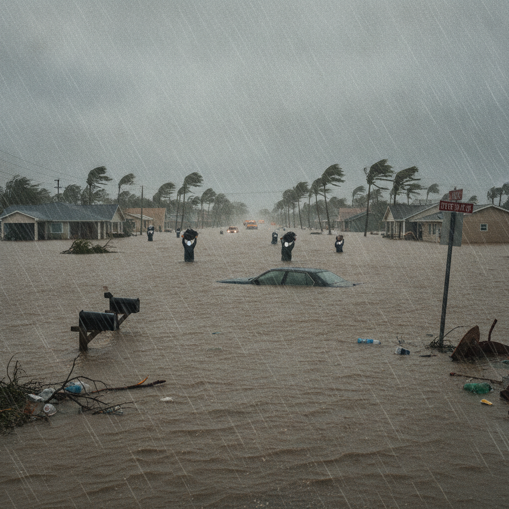 Severe flooding in a residential area with submerged cars and debris, heavy rain and strong winds — Pensacola flood watch