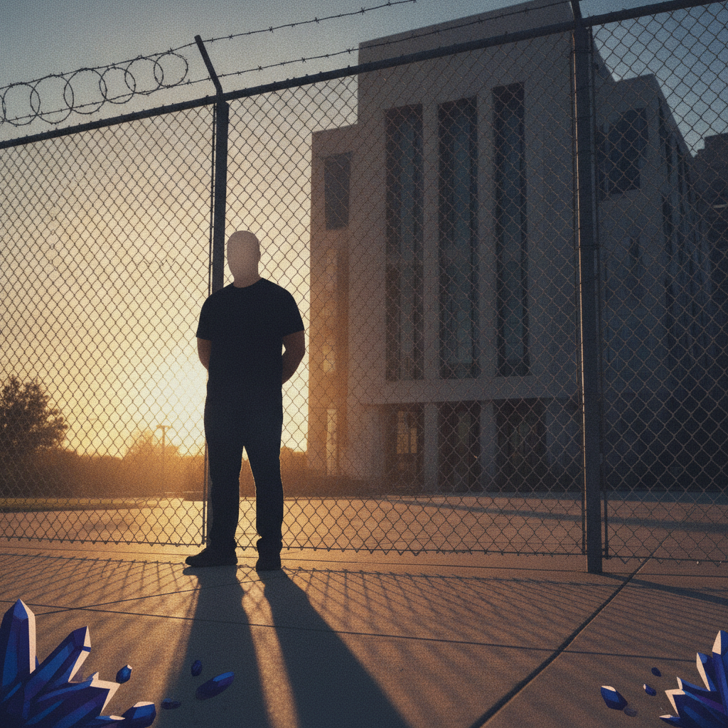 A silhouetted man stands behind a barbed-wire fence outside a prison at sunse — Gainesville Man Fentanyl Overdose Sentence